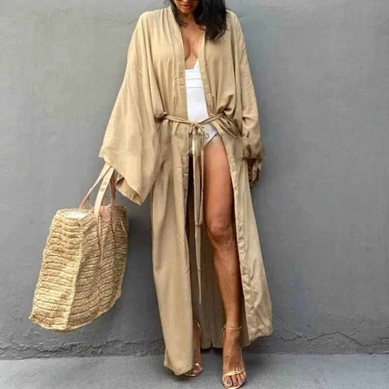ชุดคลุมชายหาดสีพื้นสำหรับผู้หญิง ชุดว่ายน้ำลำลองสไตล์กิโมโนโอเวอร์ไซส์ รุ่นใหม่ปี 2025 ชุดคลุมบิกินี่