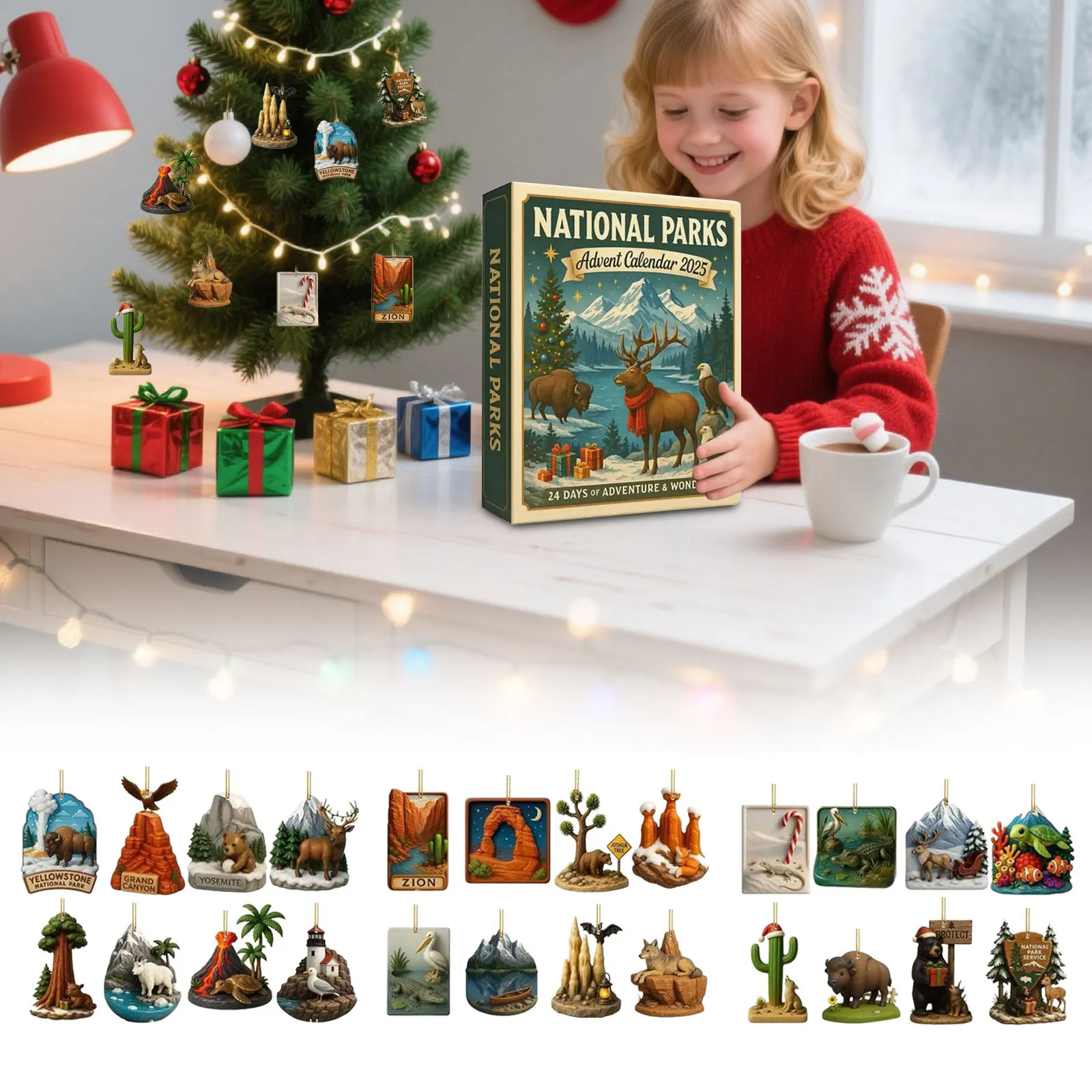 Minuterie de 15 minutes pour parcs nationaux, calendrier de l'avent 2025 avec 24 ornements, horloge de compte à rebours de noël américaine, projecteur extérieur