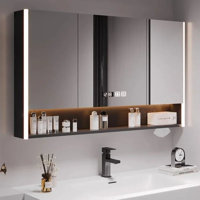 Modern Defogging Dressing Mirror Solid Wood Storage Shelf Smart Bathroom Mirror Cabinets Wall Mounted Bathroom Furniture