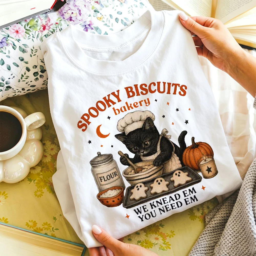 Retro Baking T-Shirt Spooky Biscuits Bakery Black Cat Halloween Pumpkin Ghost Cookies We Knead Em You Need Em Cat Lover Gift