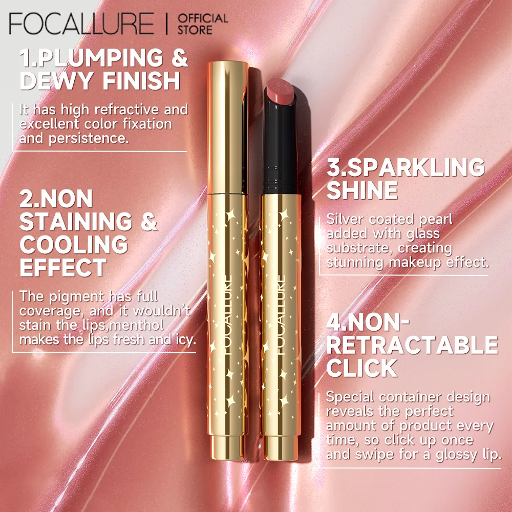 FOCALLURE-Barra de brillo de labios hidratante, brillo de labios brillante de larga duración, bálsamo labial, 7 colores, Cosméticos de maquillaje