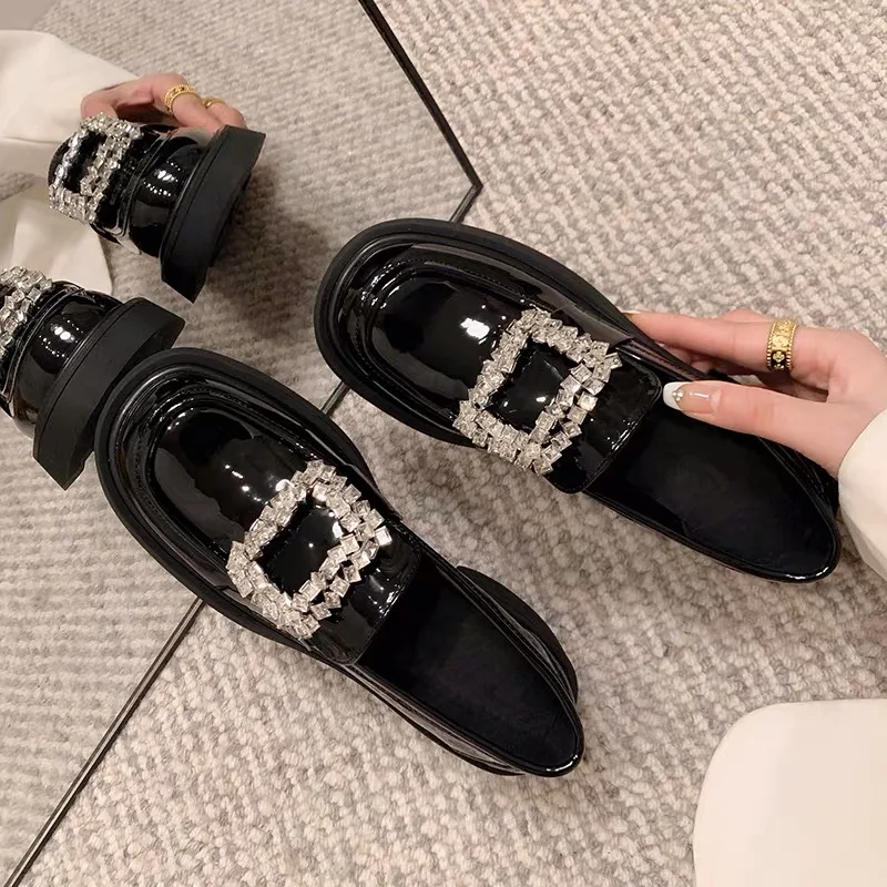 

Square Crystal Loafers Round Head Cover Heels Women Shoes Thick Bottom Vintage Fashion Solid Color Zapatos Mujer