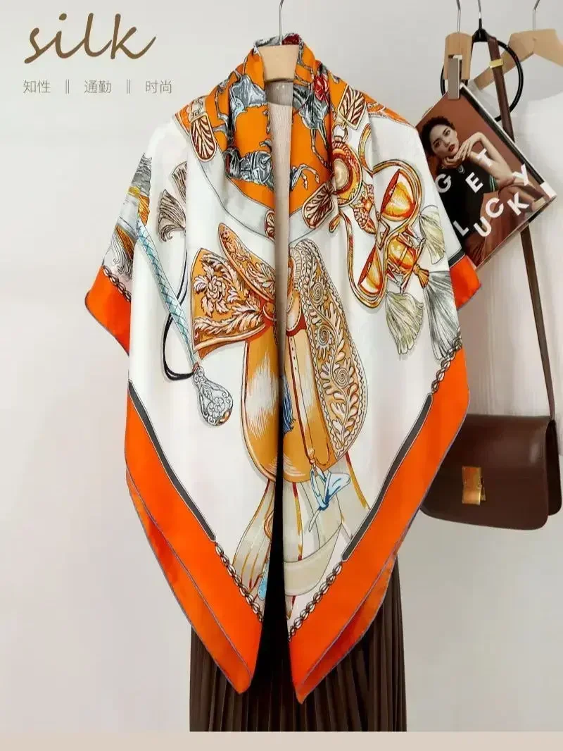 

High-end Elegant Women's Beautiful Horse Formation Printed Quality 140CM Twill Silk Hand-rolled Edge Large Square Scarf Shawl-1