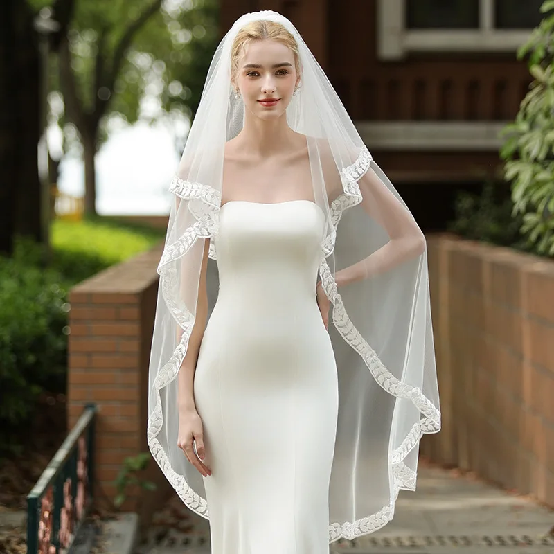 

Короткая фата 65 см 135 см, кружевная аппликация с расческой, головной убор невесты, два слоя, мягкая фата из тюля, свадебная свадебная фата