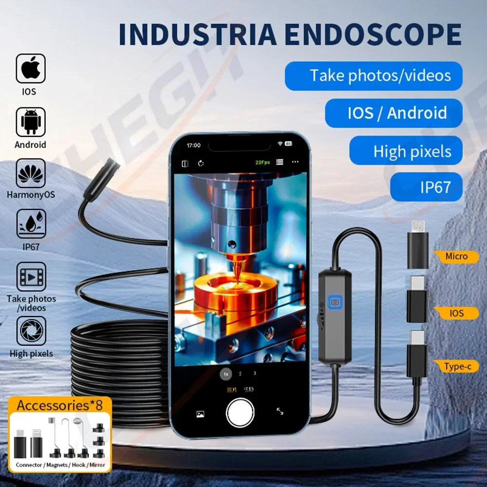 1-5M TypeC IOS Android Endoscope Automotive Boroscope Inspection Device 8mm Camera For IOS Smart Phone Android Cars Mobile