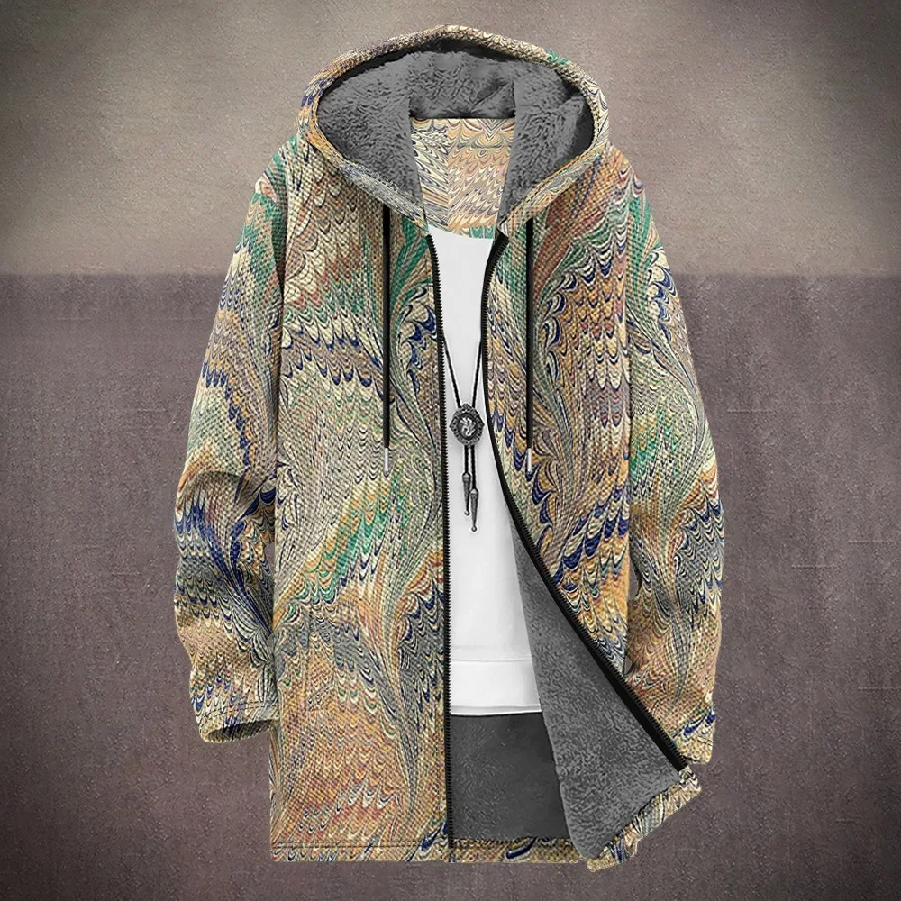 Men Jackets Coats Geometric Art Graphics Printed Mid Fleece Cardigans Plush Thick Winter Casual Streetwear Plus Size Clothing