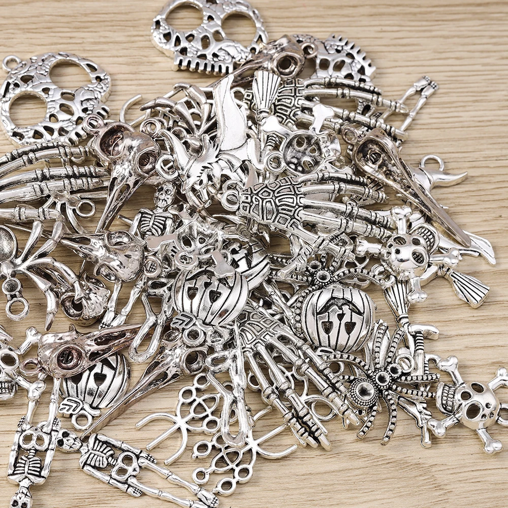 Tusember 10pcs Metal Halloween Charms For Earring Necklace Alloy Pumpkin Raven Witch Spider Skull Pendants DIY Handmade Craft
