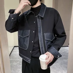 Men's Denim Jacket Black Spliced Male Jean Coats Wide Sleeves Autumn Korean Popular Clothes One Piece Vintage Big Size Rock G L