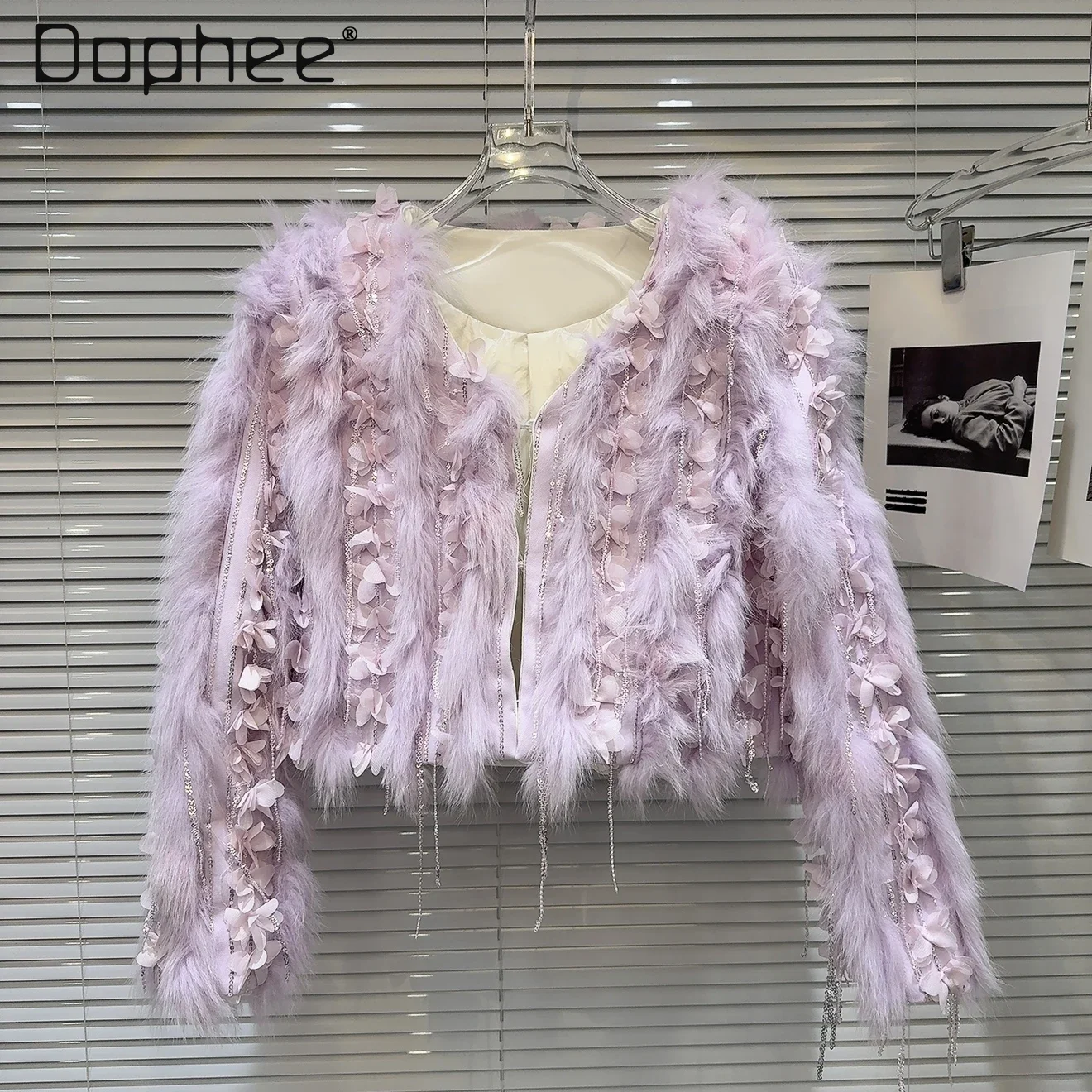 Fox Fur Sequined Down Liner Short Coat O Neck Long Sleeve Warm Elegant Ladies Jacket 2025 New Fashion Luxury Party Trend