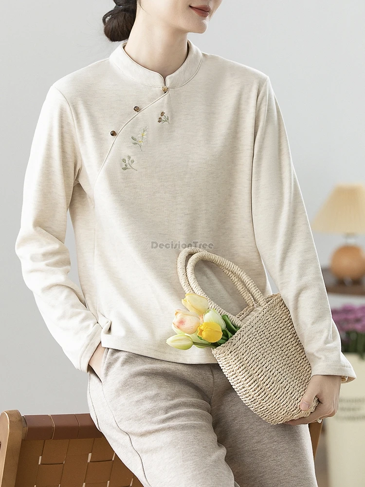 

2025 new autumn winter chinese style stand collar long sleeve embroidered shirt for women retro base cheongsam tang suit blouse