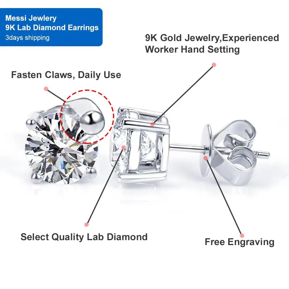 

Ready to Ship Factory Price Trendy Earrings 9K White Gold Lab Grown Diamond Stud Earrings