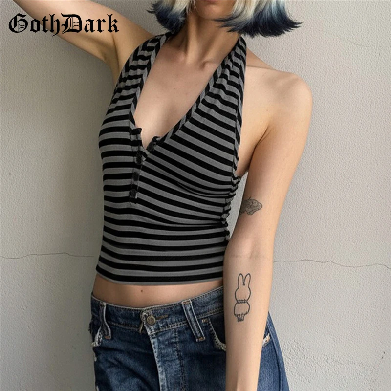 

Goth Dark Striped Halter Tops Cyber Y2K Fashion Button-up Tanks Top Women Slim Streetwear E-girl Gothic Backless Sleeveless Vest