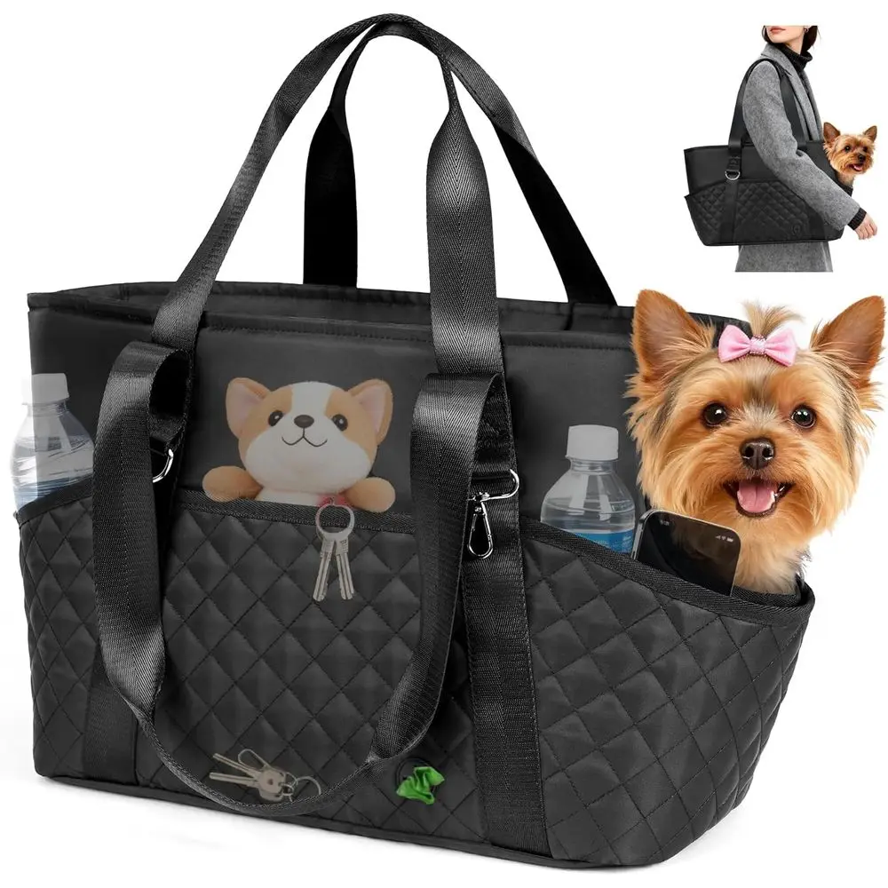 

Lightweight Small Dog Carrier with Large Pockets & Safety Clip, Pet Shoulder Handbag for Travel, Outing, Vet, Black