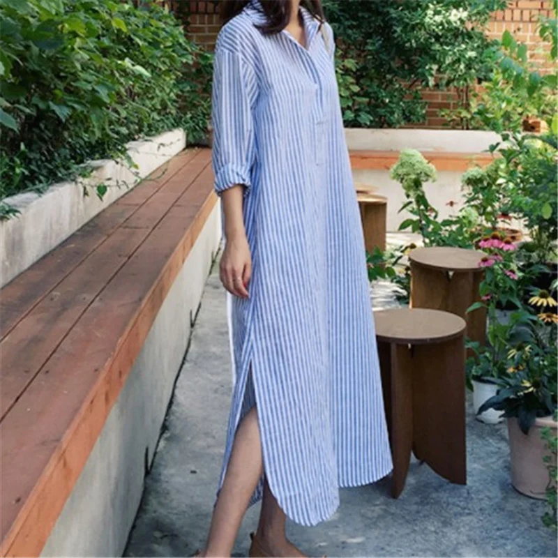 TFETTERS 女性の夏のロングドレス長袖ブルーストライプデザインシャツ襟芸術的なスタイルの女性マキシドレス