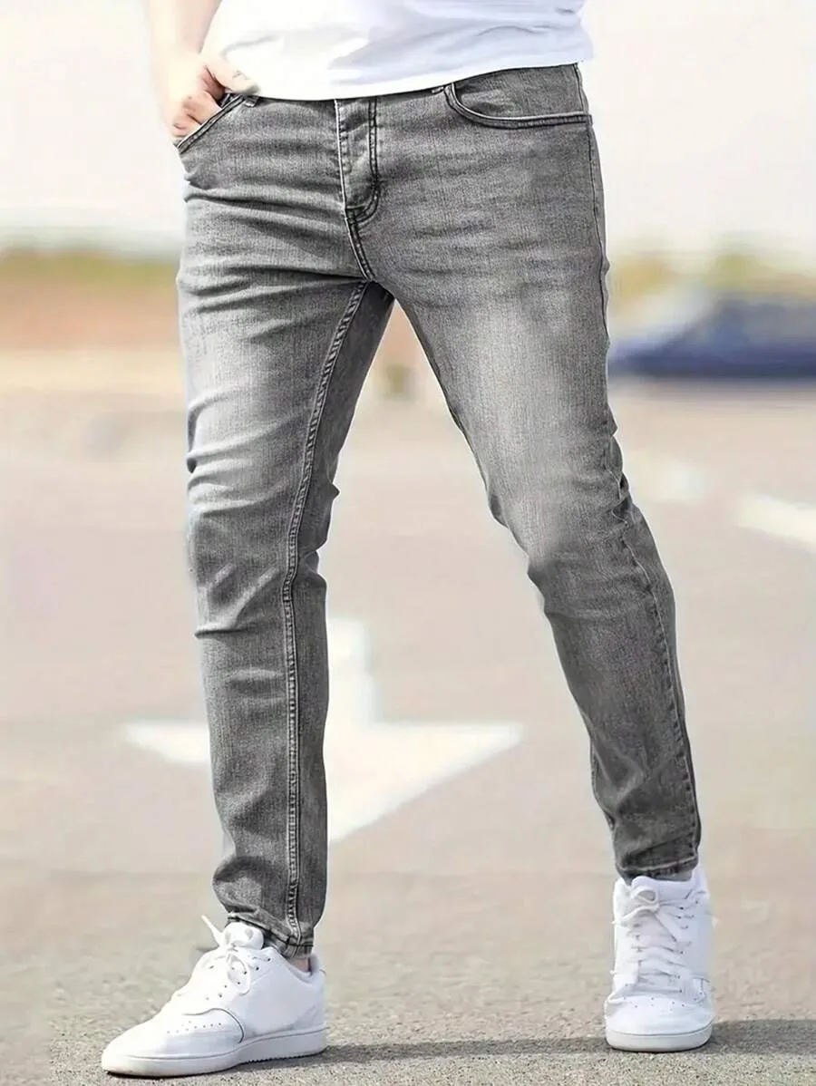 

Men's straight-leg tight grey jeans, American street style hip-hop design, suitable for daily wear