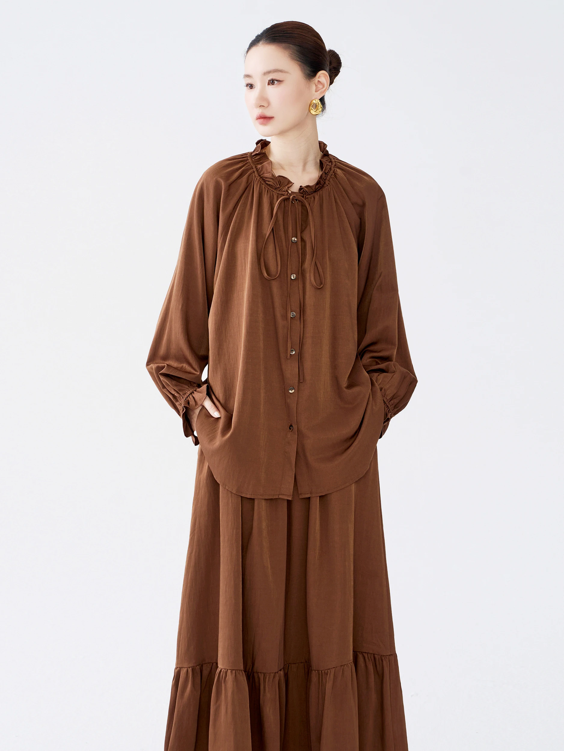 Retro Artistic Long Sleeve Shirt Top Half Skirt Set Women's Autumn Loose Feelings Atmosphere Two Piece Set Lantern Sleeve Design