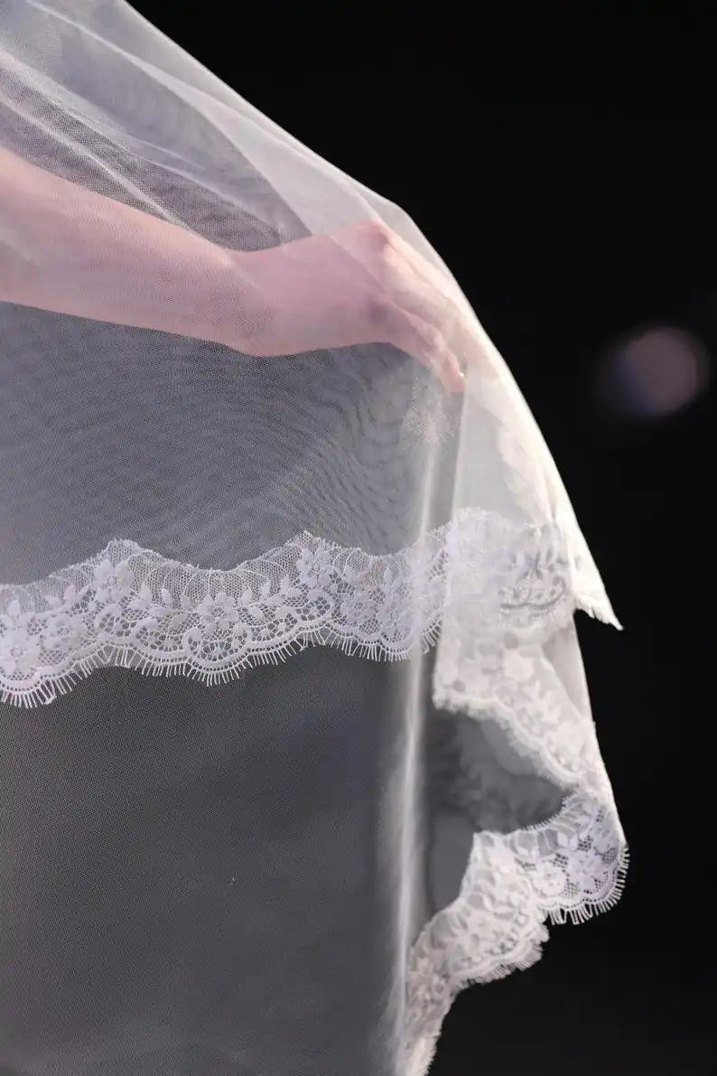 

Cathedral Two Tier Chantilly Lace Wedding Veil Tulle Bridal Veil Customizable Length Style Accepts Bulk Orders