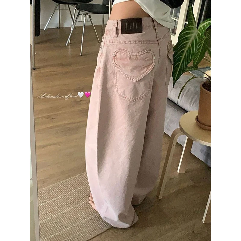 

High Waist Wide Leg Denim Jeans Love Heart ket Casual Floor Length Trousers Slimming Women's 2026 Spring Summer