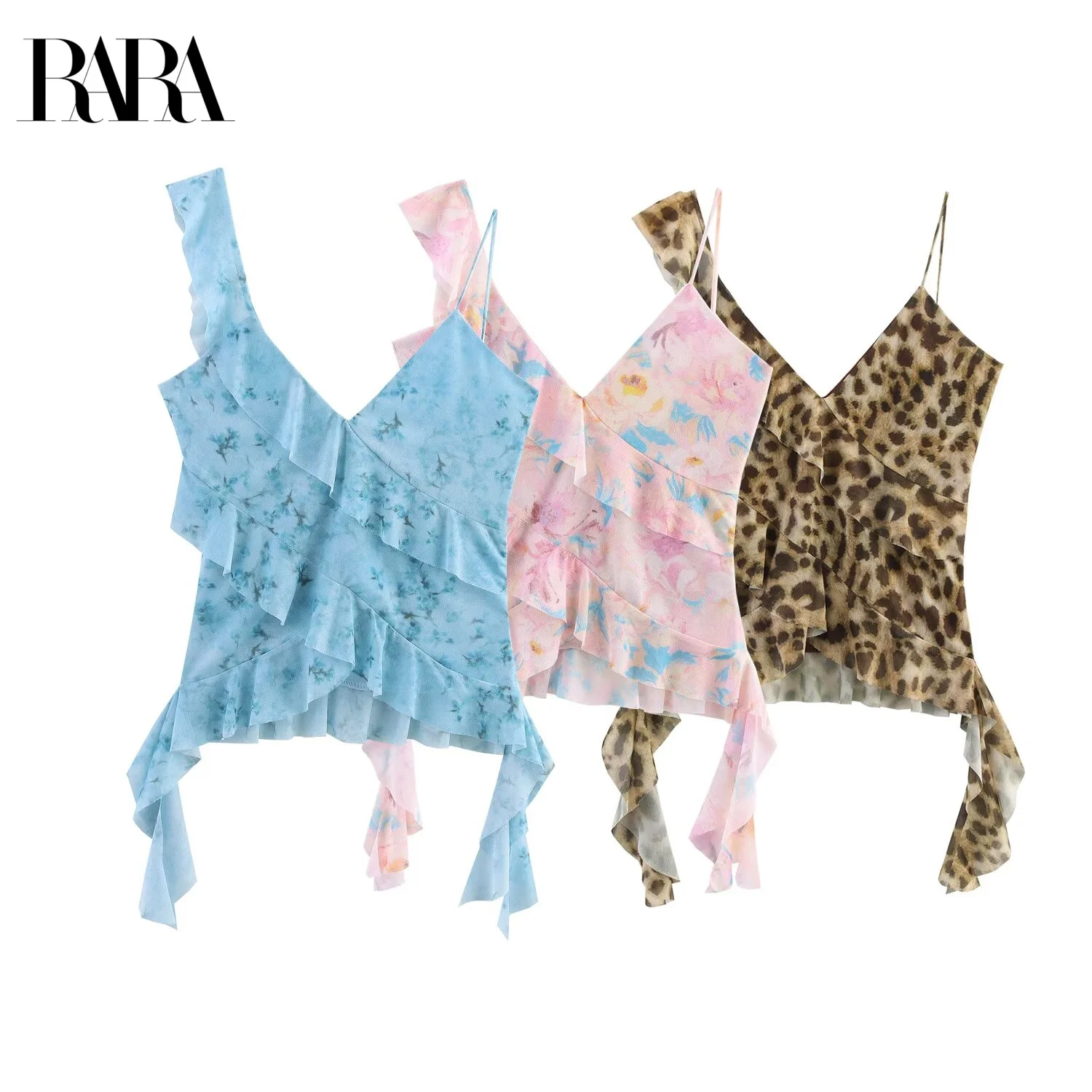

RARA2025 Pure Desire Hot Girl Style Irregular Ruffled Mesh Leopard Print Camisole Versatile Slim Top Short Women's Clothing