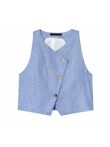 Imagen 2 del producto Traje informal liso para mujer, chaleco sin mangas con cuello redondo y botonadura, pantalones sueltos rectos, traje de vacaciones a la moda 2025