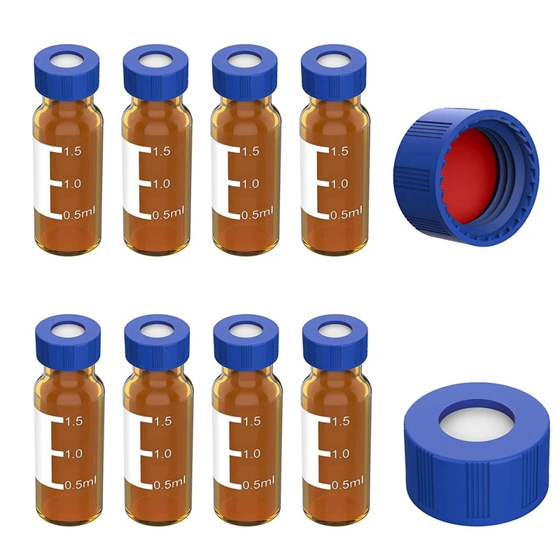 2ML Autosampler Vials Pack Of 300 - HPLC Vials 9-425 Amber Vials With Blue Screw Caps,Red White Septa