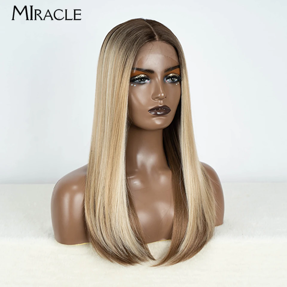 MIRACLE Ombre Blonde Wig Female Synthetic Lace Wig for Women 22'' Soft Straight Lace Wigs Heat Resistant Cosplay Fake Hair Wig