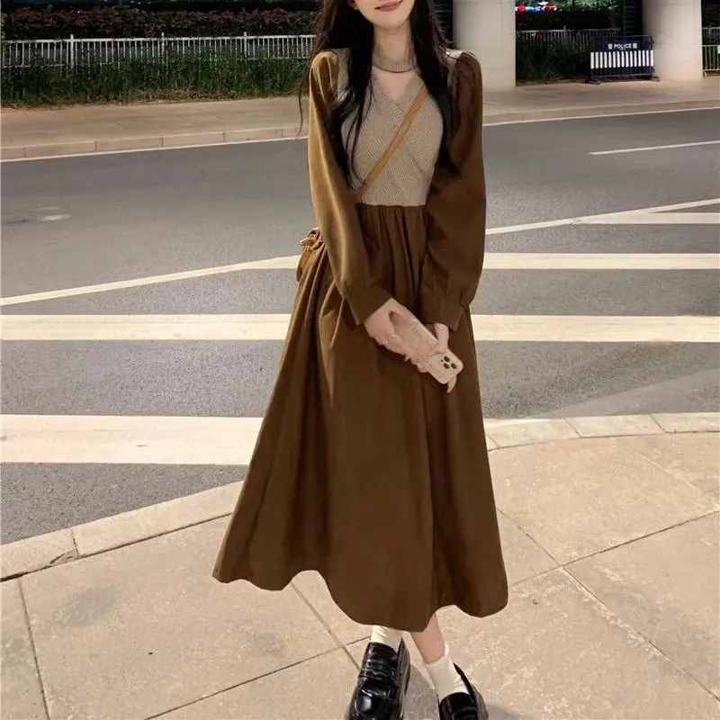 Vintage V-Neck Knitted Patchwork Dresses Female Clothing Elegant Long Sleeve Autumn Winter Commute A-Line Solid Color Midi Dress