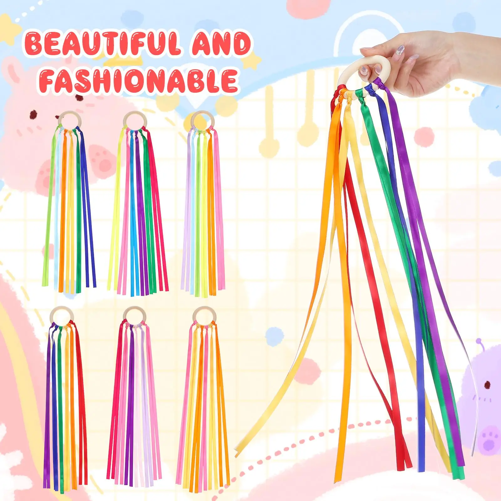 

6Pcs Wooden Circle Ribbon Toys Kids Streamer Child Outdoor Cloth Ring Colorful Kite Dance Wands Streamer Streamers for Children