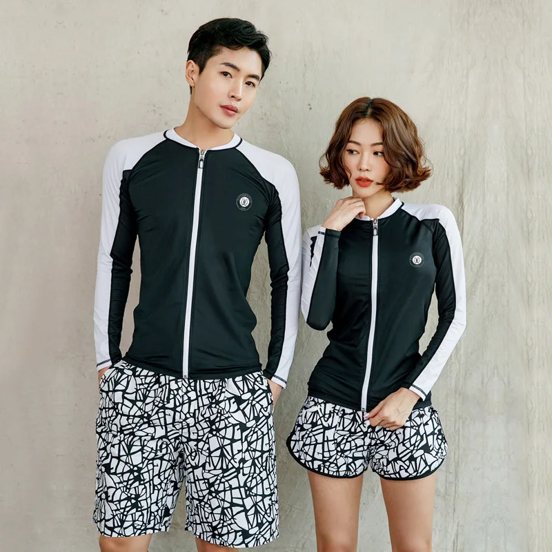 

Korean Couple Swimsuits Women Men's Black White Surfing Suits Bathing Sun Protection Sports Pants Long Sleeve Swimwear Shorts