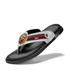 New men's fashion network red cowhide flip flops with toe flip-flops men's shoes flat to wear beach shoes big sizeT10