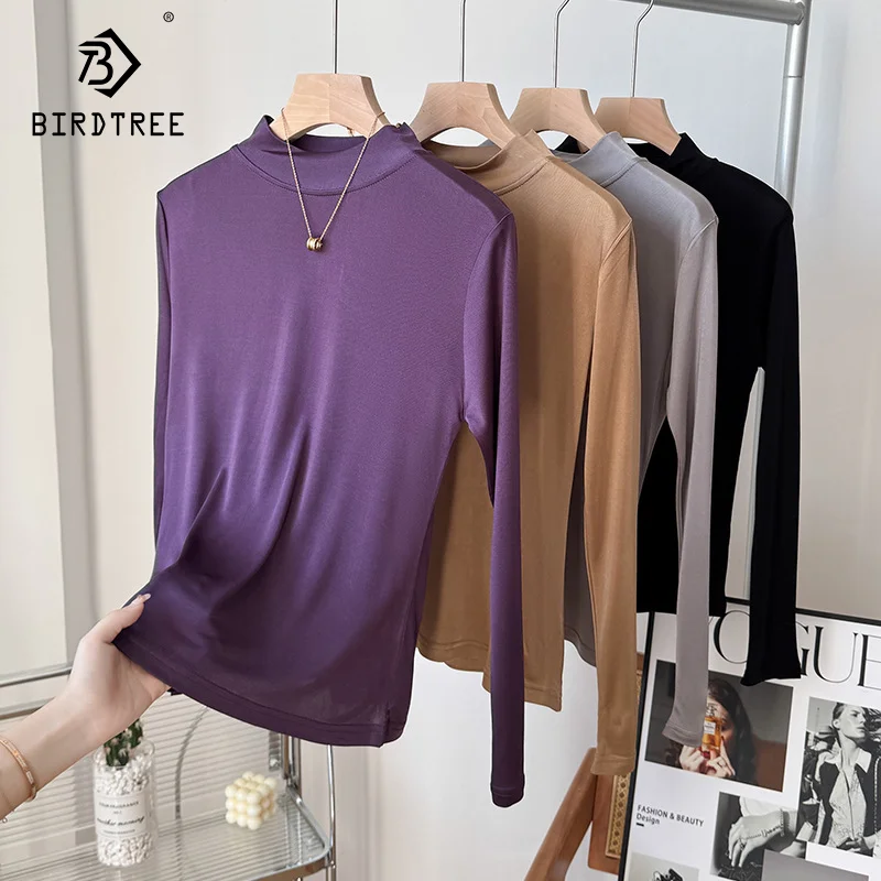 BirdTree-Elegant Knit T-Shirt For Women, 100%Natural Silk, Long Sleeve, Mock Neck, Commute Office Top, Autumn Winter T40408QM