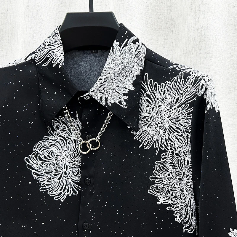 2024 Spring New Personality Sequined Small Gold Dot Padded Shoulder Shirts Men's Long Sleeve Trendy Vintage Printed Starry Shirt