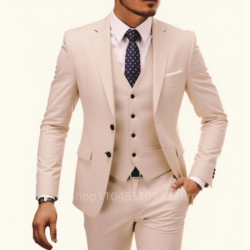Trajes formales de 3 piezas de alta calidad para hombre, chaqueta con una botonadura, chaleco, pantalones, traje de negocios de boda ajustado para fiesta y graduación