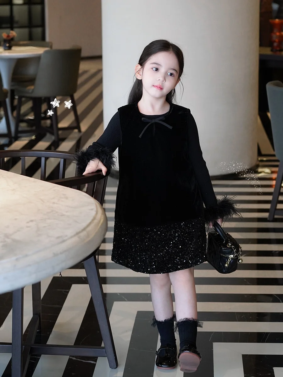 

AnnieGirl New Year Bla Sequin Dr Girls Autumn Winter Svel Bowknot Dr Polyester Fabric Children's Clothing