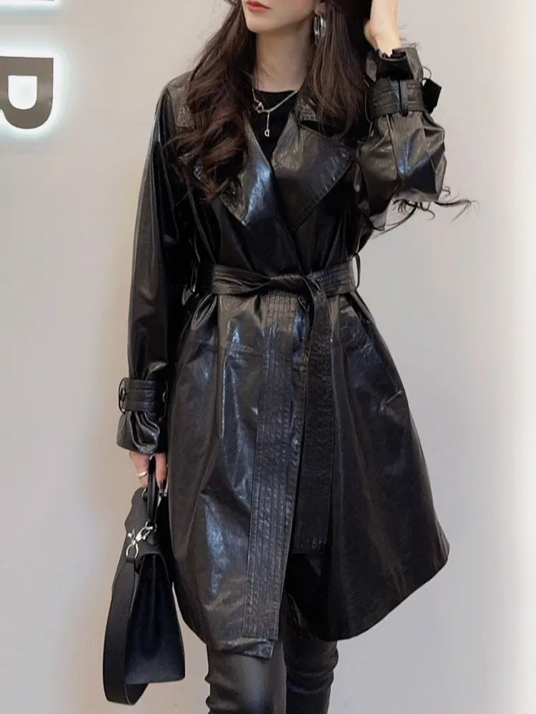 Cappotto da giacca in vera pelle di lusso da donna chic in stile coreano Cappotto da giacca a vento con colletto dentellato medio lungo Capispalla in vera pelle di pecora