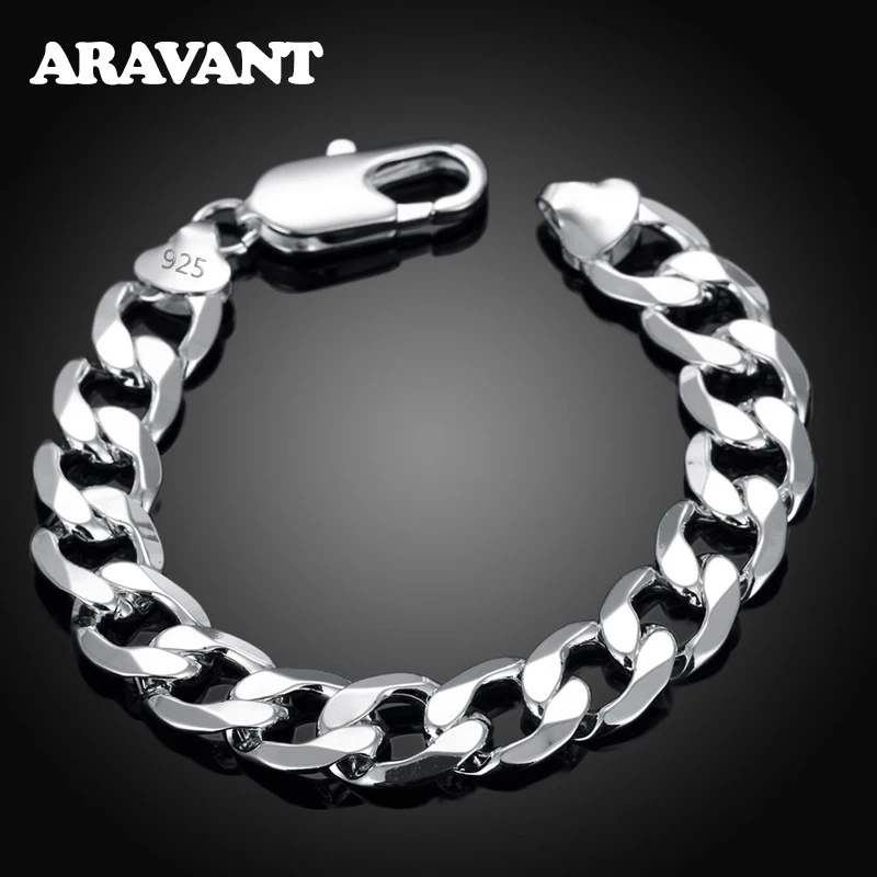 

Aravant 925 Silver 8MM 10MM 12MM Flat Sideways Bracelets Chains For Men Fashion Jewelry