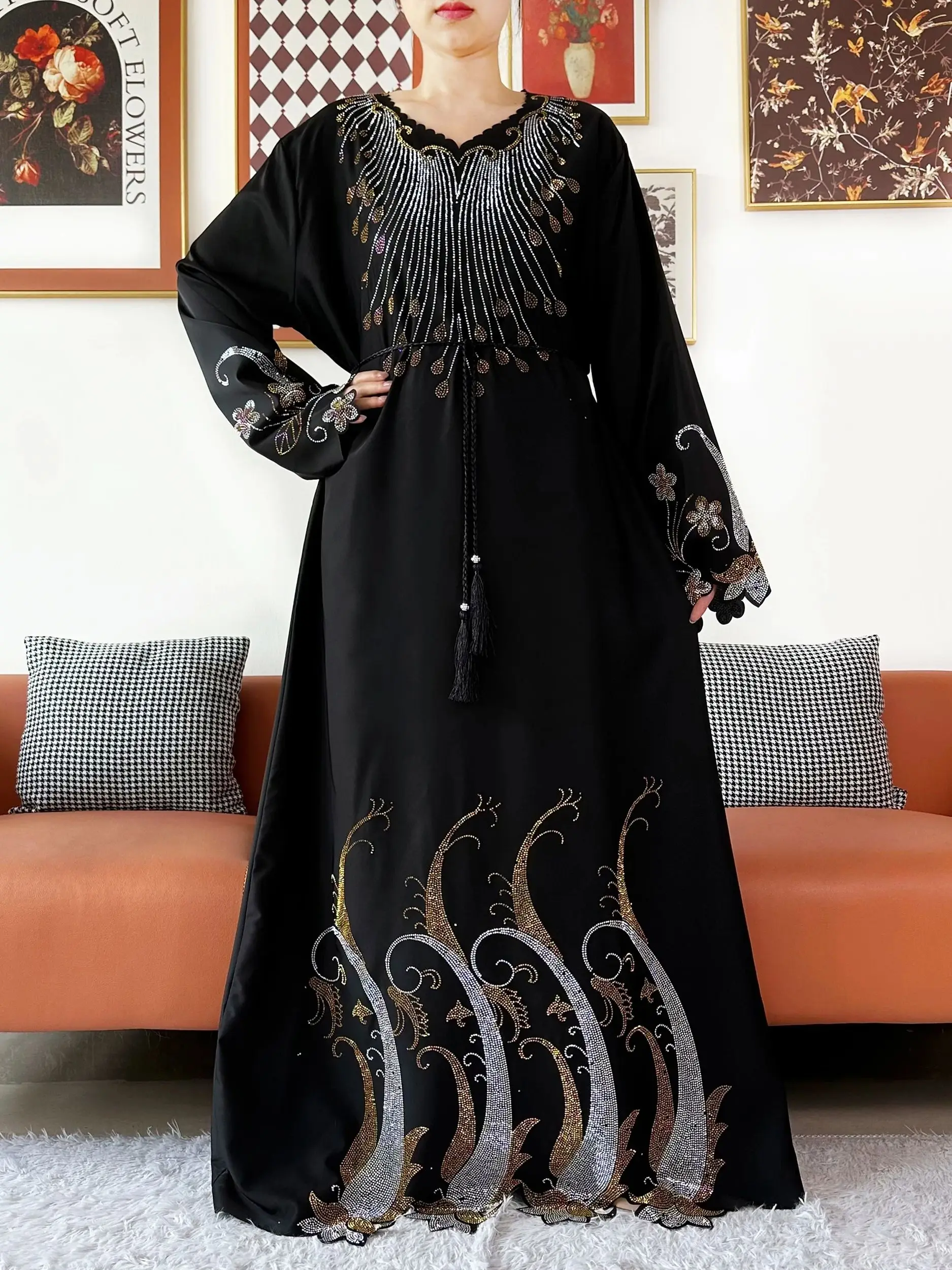 Sukienka muzułmańska Dubai Diamond 2025 Fashion, elegancka, skromna, arabska, damska, hidżab, długi rękaw, szyfonowa abaja, odzież islamska turecka