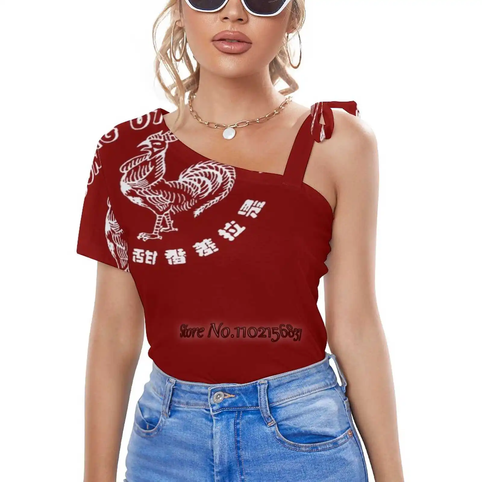 Sriracha Full Sexy T-Shirt Casual Tops One Shoulder Lacing T Shirts Korean T-Shirts Sriracha Sauce Chili Chilli Y2K Clothes