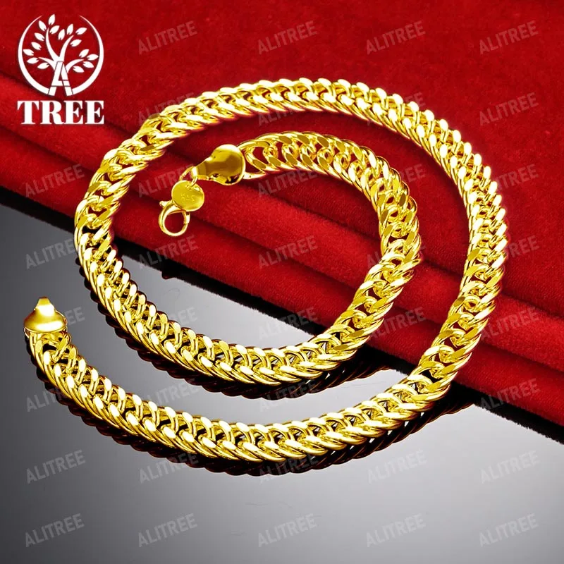 ALITREE 18K Yellow Gold 10mm Cuban Chain Necklace For Woman Men Party Wedding Engagement Fashion Fine Jewelry Lady Birthday Gift