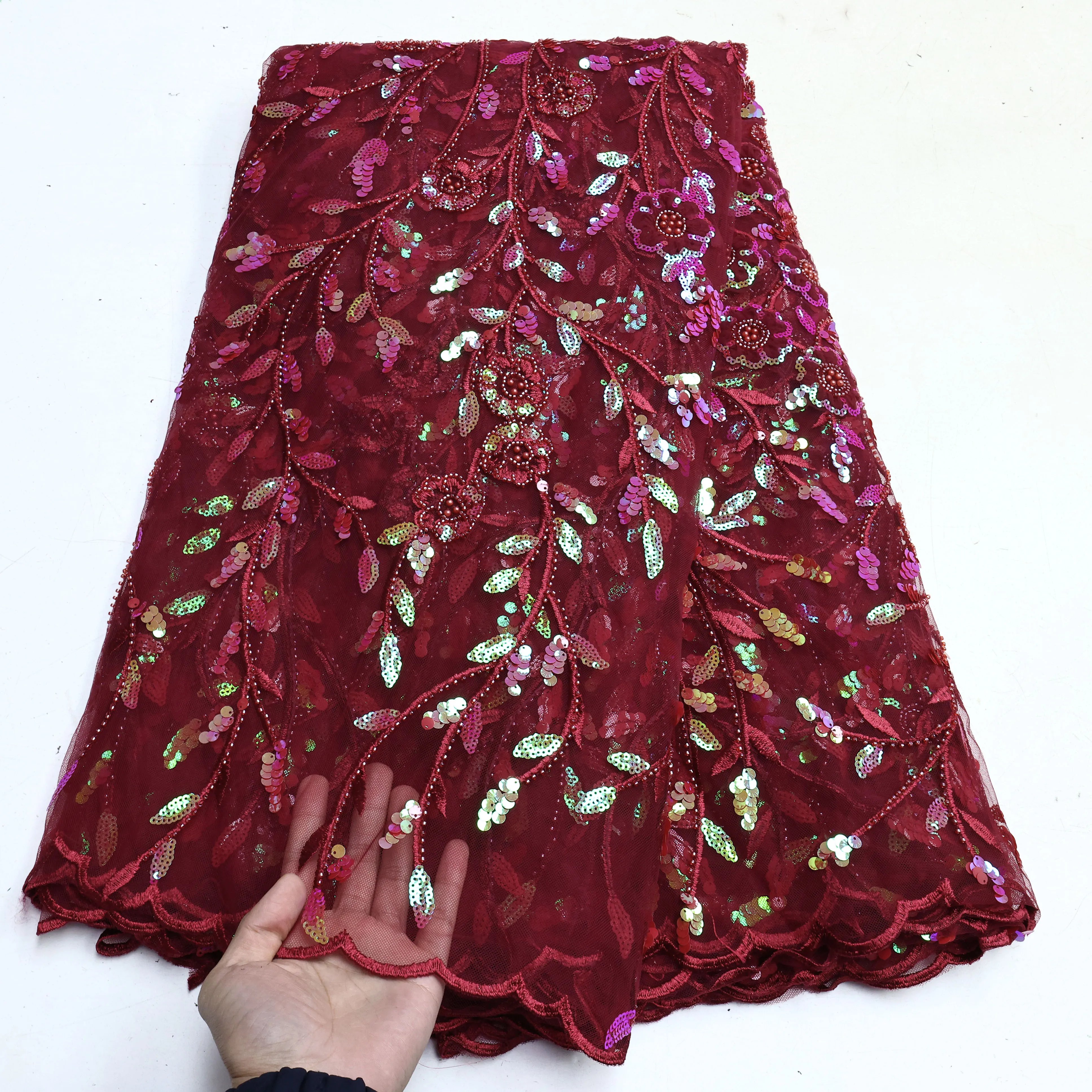 

Luxury Sequins Beaded Lace Fabric Women Pearl Design African Mesh Lace Fabric For Wedding Dress Beaded Embroidery Mesh Material