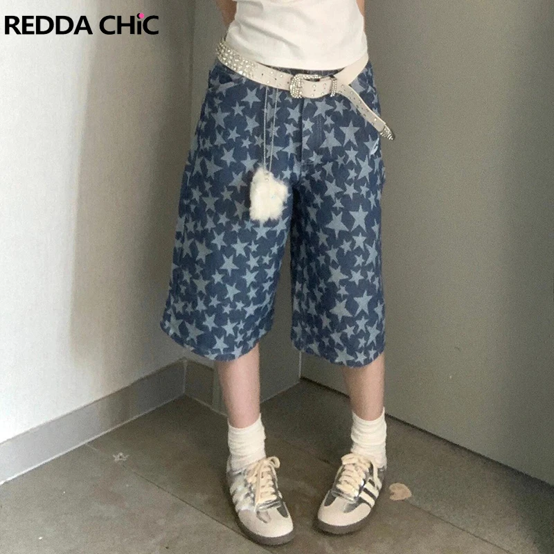 

ReddaChic Женские и мужские джинсы со звездами и карманами, широкие джинсовые шорты большого размера, свободные повседневные брюки-бермуды, летняя одежда в стиле ретро Y2k