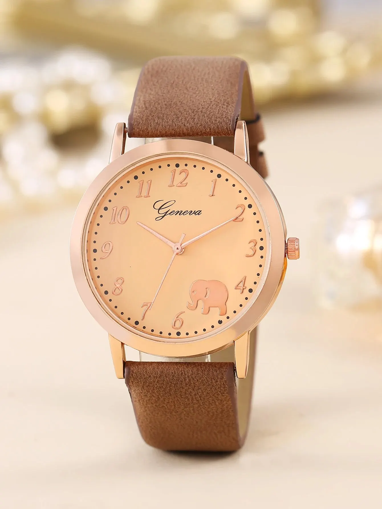 2PCS Ladies Fashion Simple Digital Elephant Leather Quartz Watch Ceramic Coffee Bracelet Love Pink Birthday Christmas Gift Set