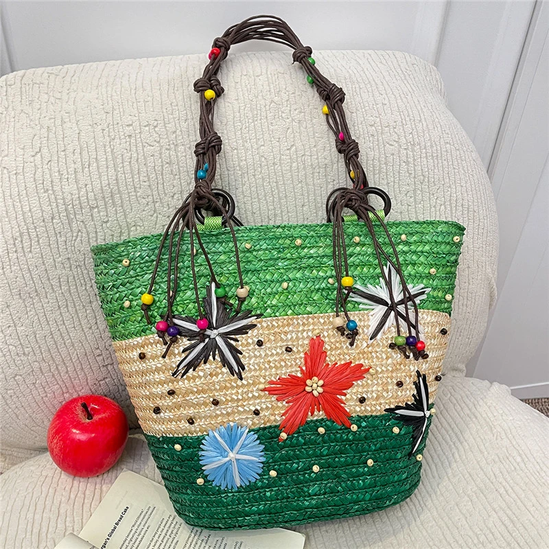

2026 New Bohemian Starfish Straw Tote Bag Women Beaded Handle Large Capacity Shoulder Bag Summer Beach Vacation Travel Handbag