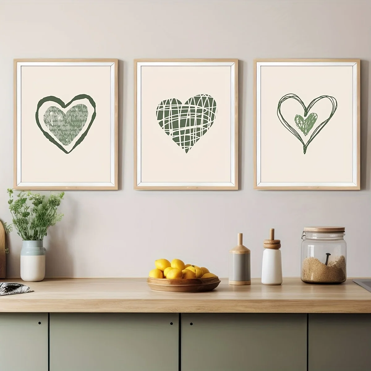 3pcs/SET Sage Green Heart Canvas Poster, Vintage Art, Minimalist Art, Creative Canvas Poster, Bedroom, Office, Living Room, Coff