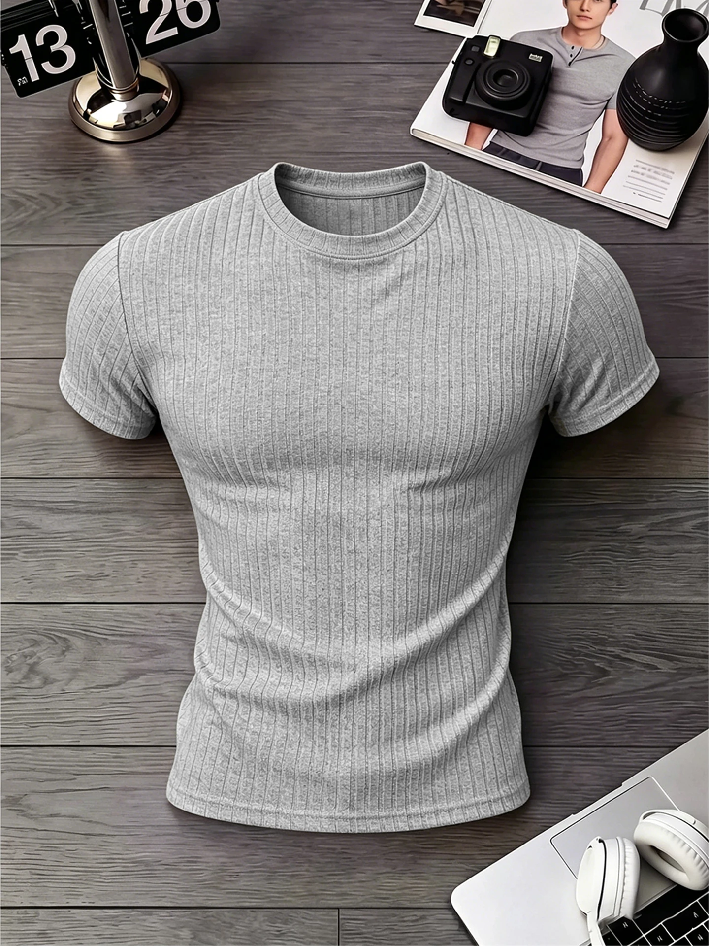 Quick Dry Fitness Sportswear Men's Short Sleeve Striped Waist Cinching Elastic Slim Fit Summer Muscle Displaying T-Shirt