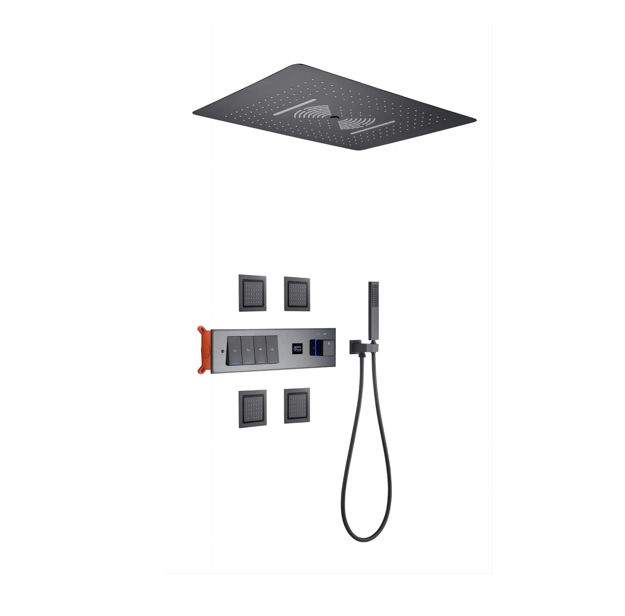 Quadratisches Hochdruck-Regenbad-Duschsystem, hochwertiges digitales, an der Wand montiertes, verdecktes, schwarzes Decken-Soft-Jet-Sprühmuster