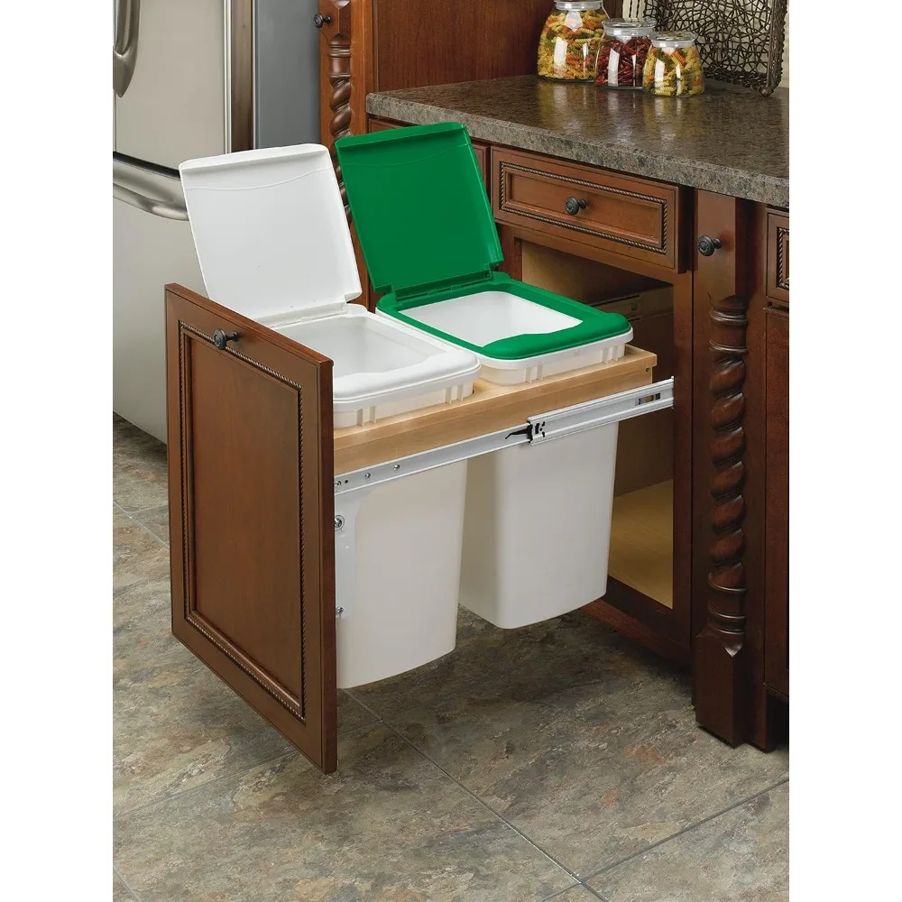 Double Pull-Out Trash Can for Base Kitchen& Bathroom Cabinets, 35 Qt Wood Top Mount Garbage Bin, 15