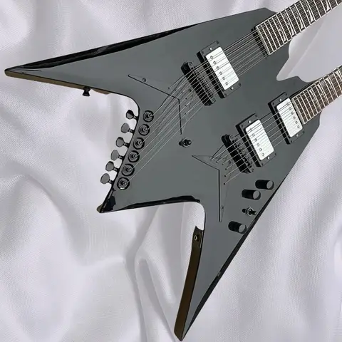 Dave Mustaine 6 String + 12 Strings Double Neck Electric Guitar Flying V Shape, Sharkfin Inlay, Black Hardware