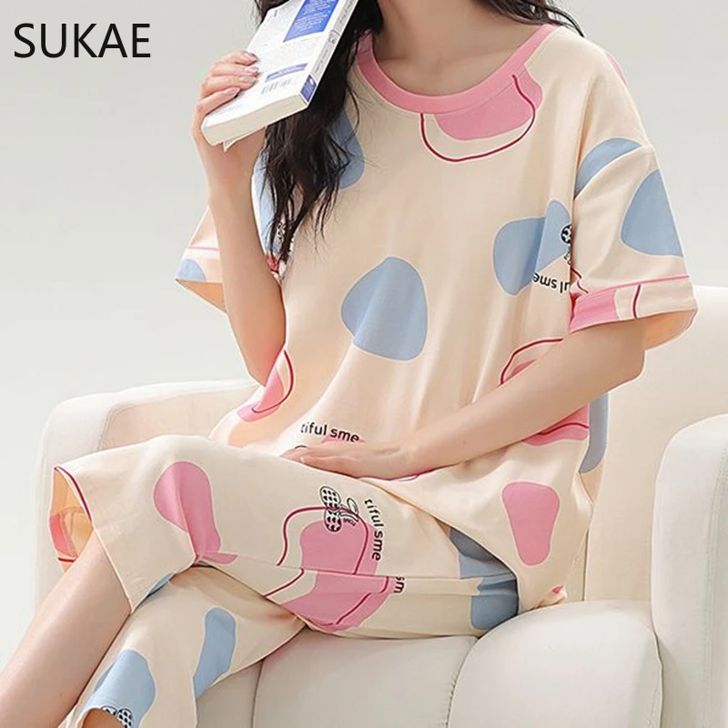 SUKAE Summer Women Sleepwear Lady Pajamas Set Faux Cotton Plus Size Quarter-pants Casual Pijamas Leisure Homewear Big Pyjama