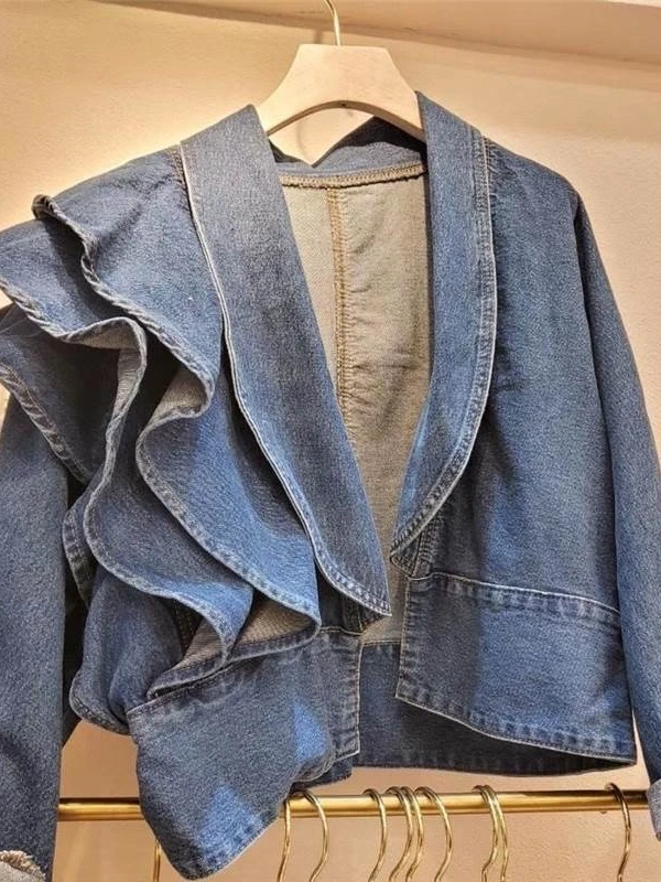 

Весенне-осенняя женская джинсовая куртка с V-образным вырезом и длинными рукавами, модная, приталенная, в корейском стиле, с цветочным дизайном.